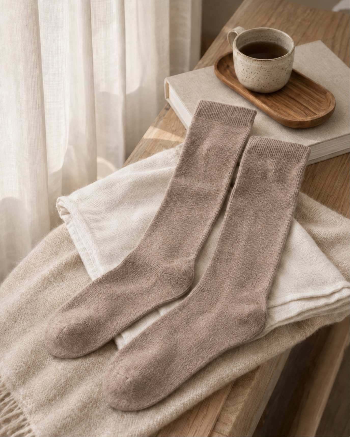 AVREN 100% Cashmere Plain Knit Mid-High Socks - Image 13