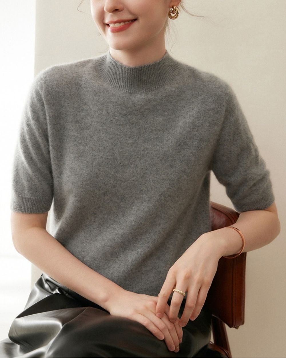 AVREN Women’s 100% Cashmere Short-Sleeve Mock Neck Sweater - Image 14