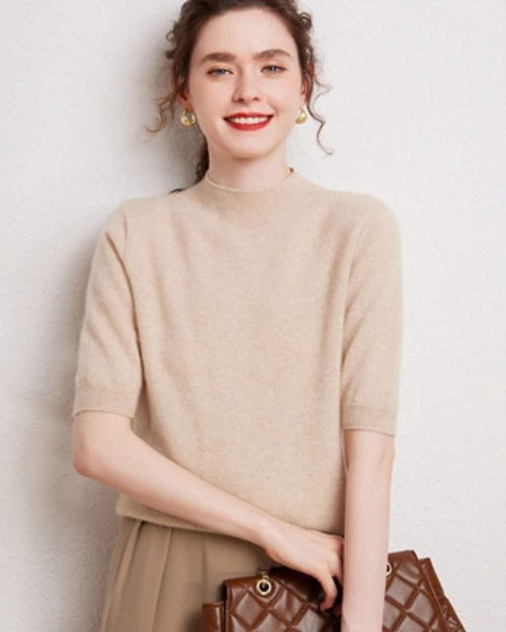 AVREN Women’s 100% Cashmere Short-Sleeve Mock Neck Sweater - Image 2
