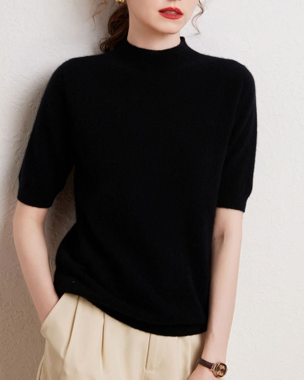AVREN Women’s 100% Cashmere Short-Sleeve Mock Neck Sweater - Image 16