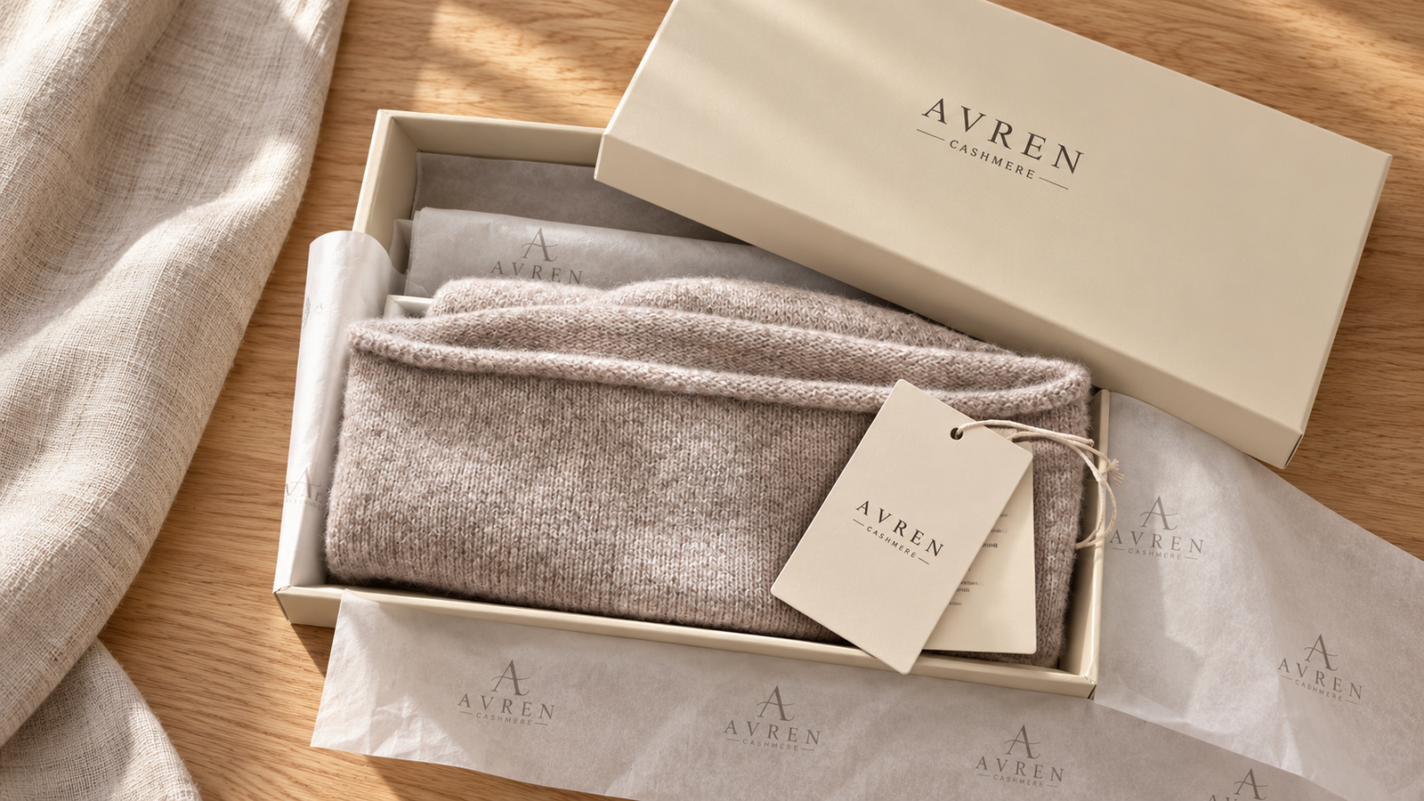 AVREN cashmere gift presented in elegant neutral-toned packaging